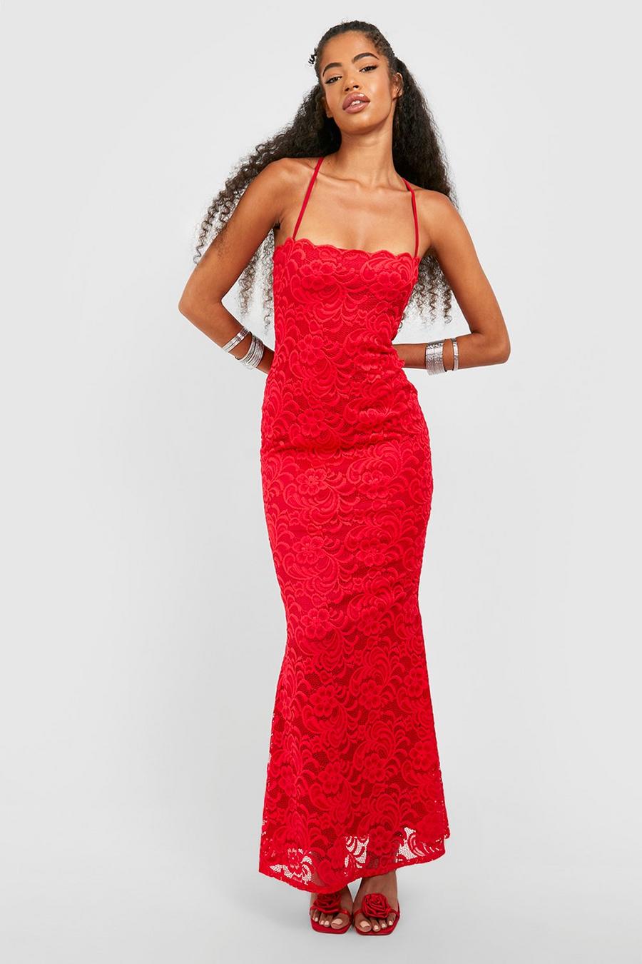 Red rosso Lace Corset Maxi Dress