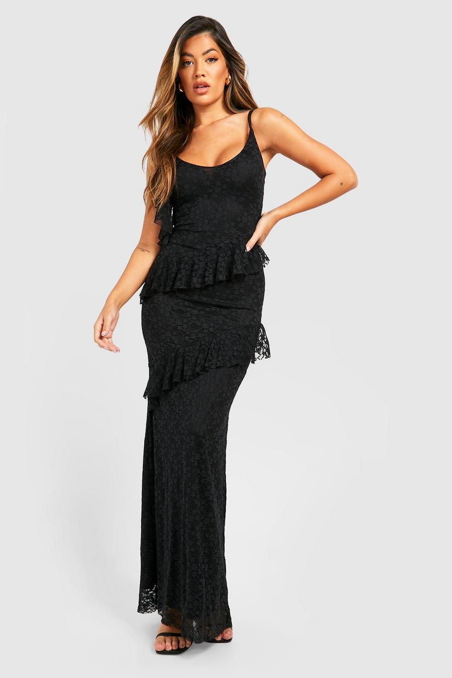 Black Lace Asymmetric Ruffle Maxi Dress 