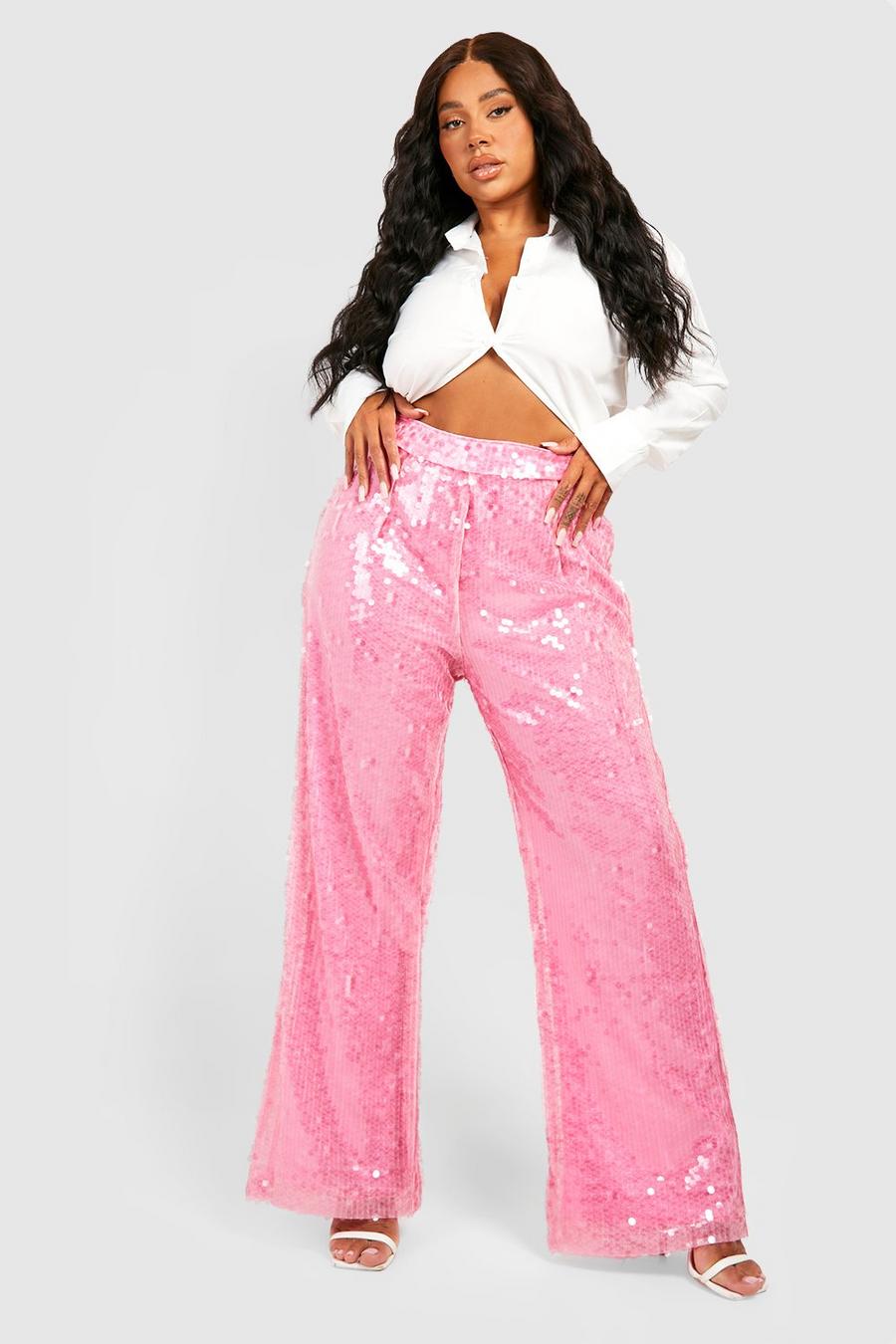 Pantaloni sartoriali Plus Size con paillettes, Pink