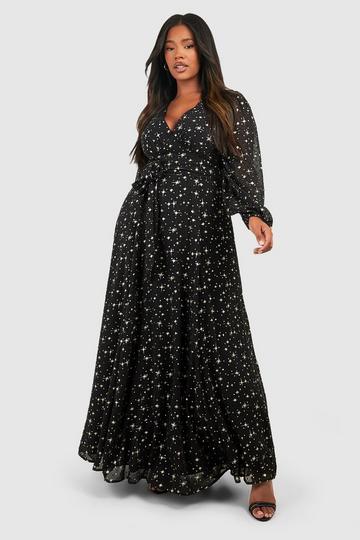 Black Plus Gold Fleck Balloon Sleeve Maxi Dress