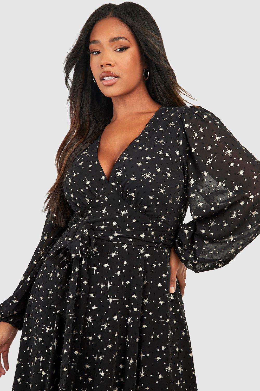 Plus Polka Dot Wrap Balloon Smock Dress