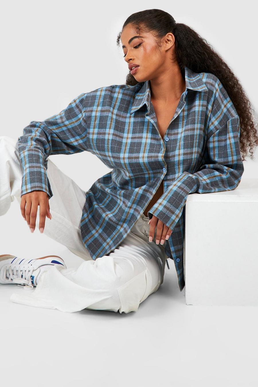 Blue Flannel Deep Cuff Oversized Shirt image number 1