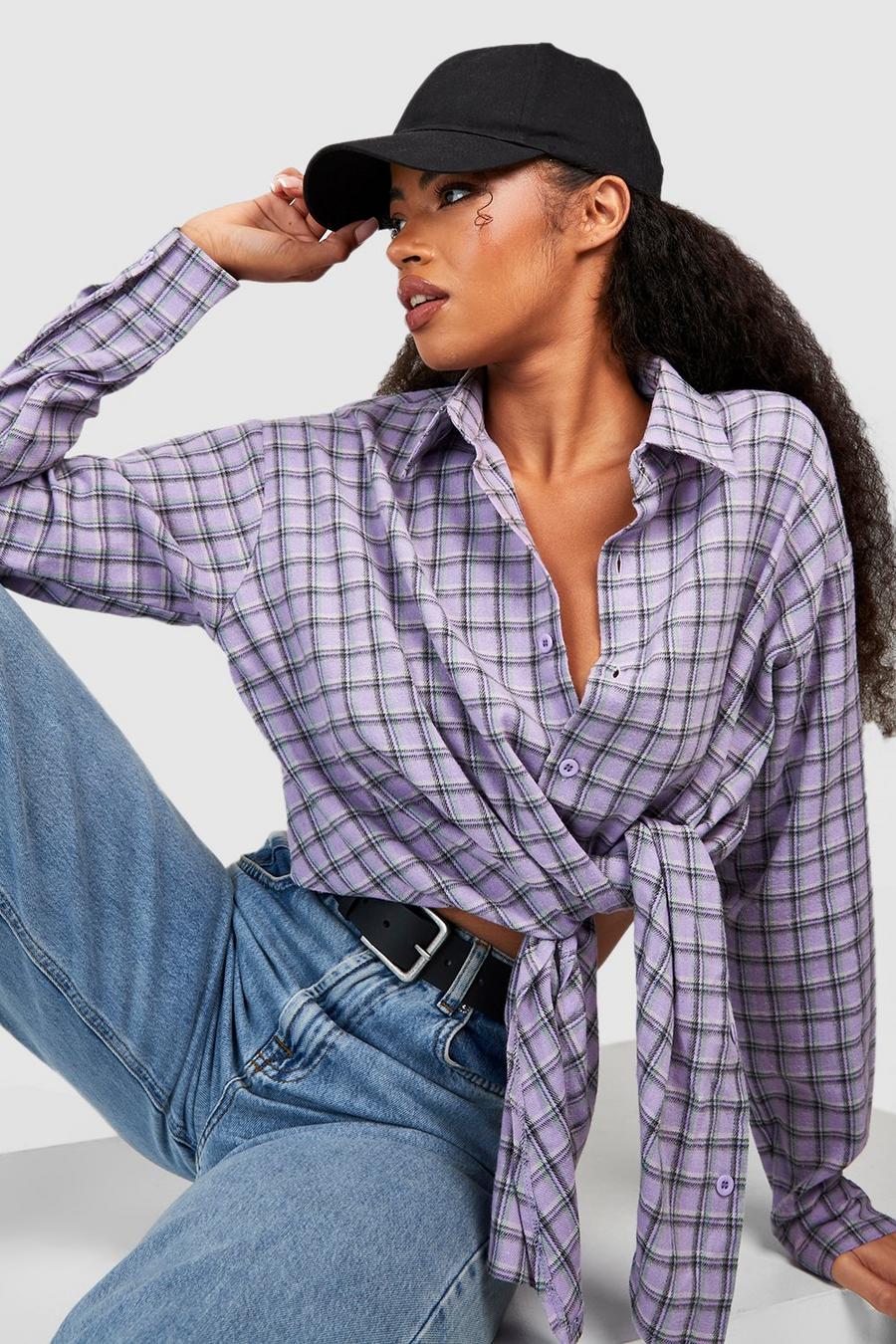 Lilac purple Check Cropped Side Tie Shirt   