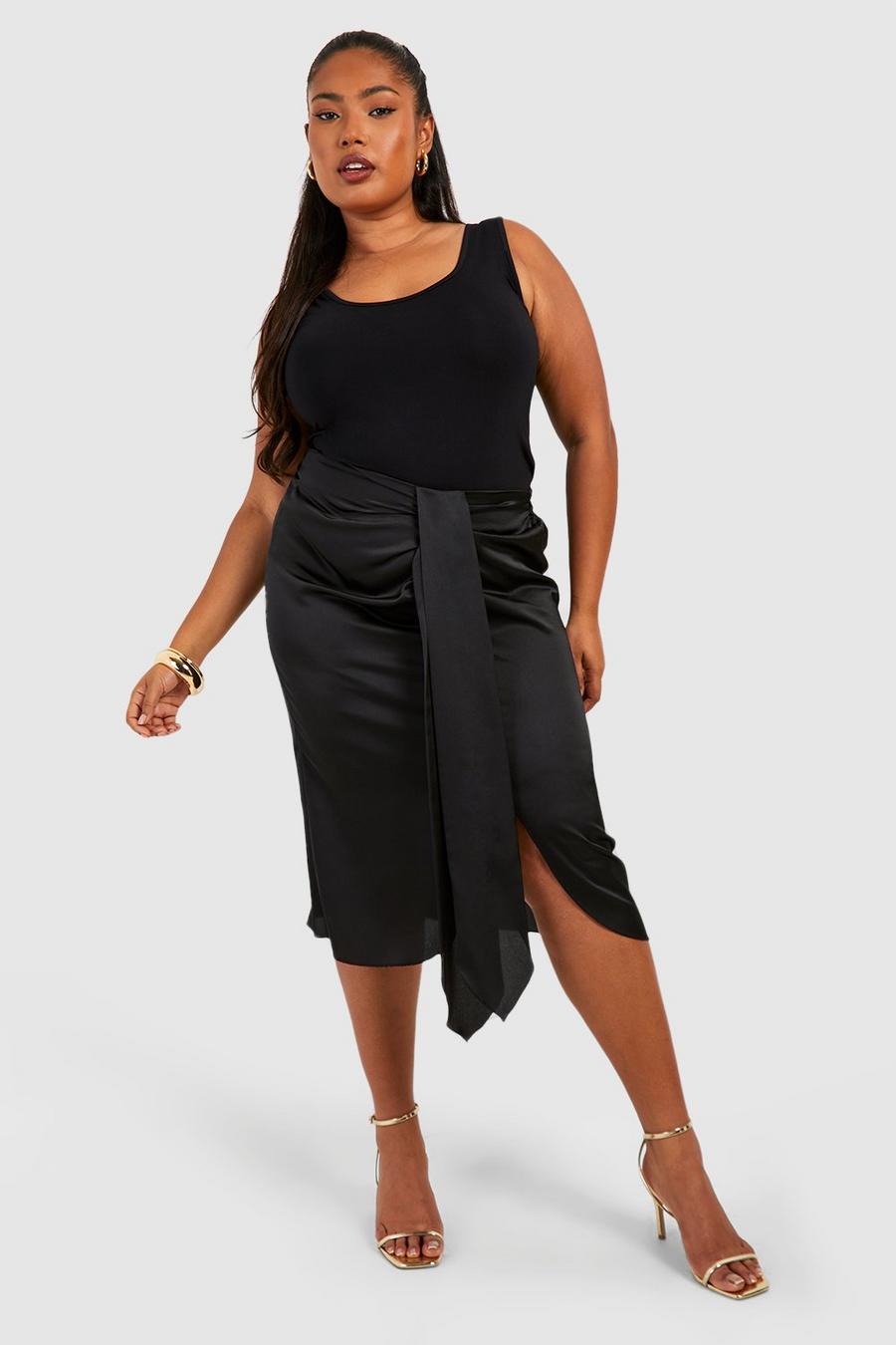 Black Plus Satin Ruched Drape Midi Skirt  image number 1