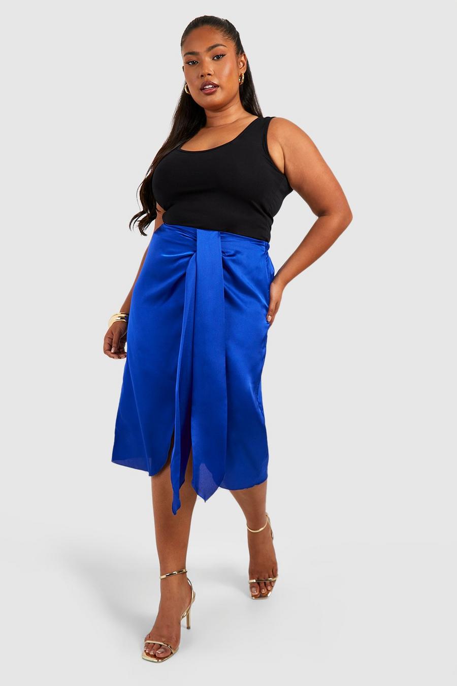 Blue Plus Satin Ruched Drape Midi Skirt  image number 1