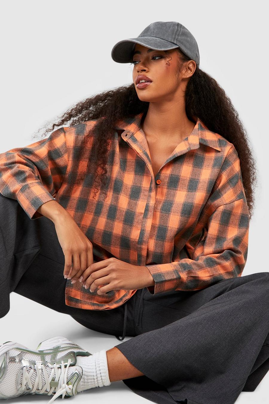 Orange Flannel Drop Shoulder Oversized Shirt image number 1