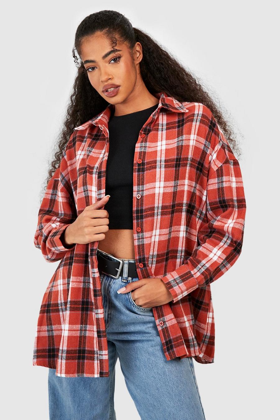 Rust Flannel Drop Shoulder Oversized Shirt image number 1