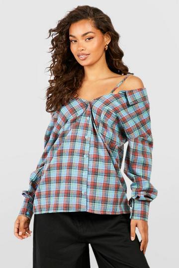Checked Cold Shoulder Shirt blue