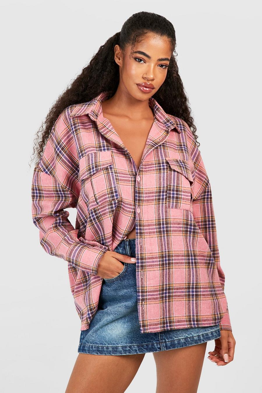 Pink Checked Pocket Detail Oversized Shirt  