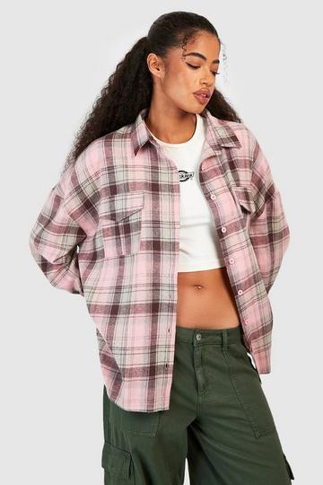 Checked Pocket Detail Oversized Shirt pink
