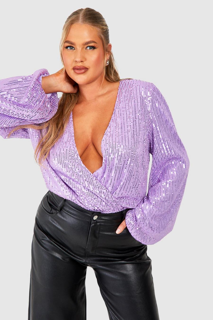 Lilac Plus Sequin Wrap Balloon Sleeve Bodysuit  image number 1
