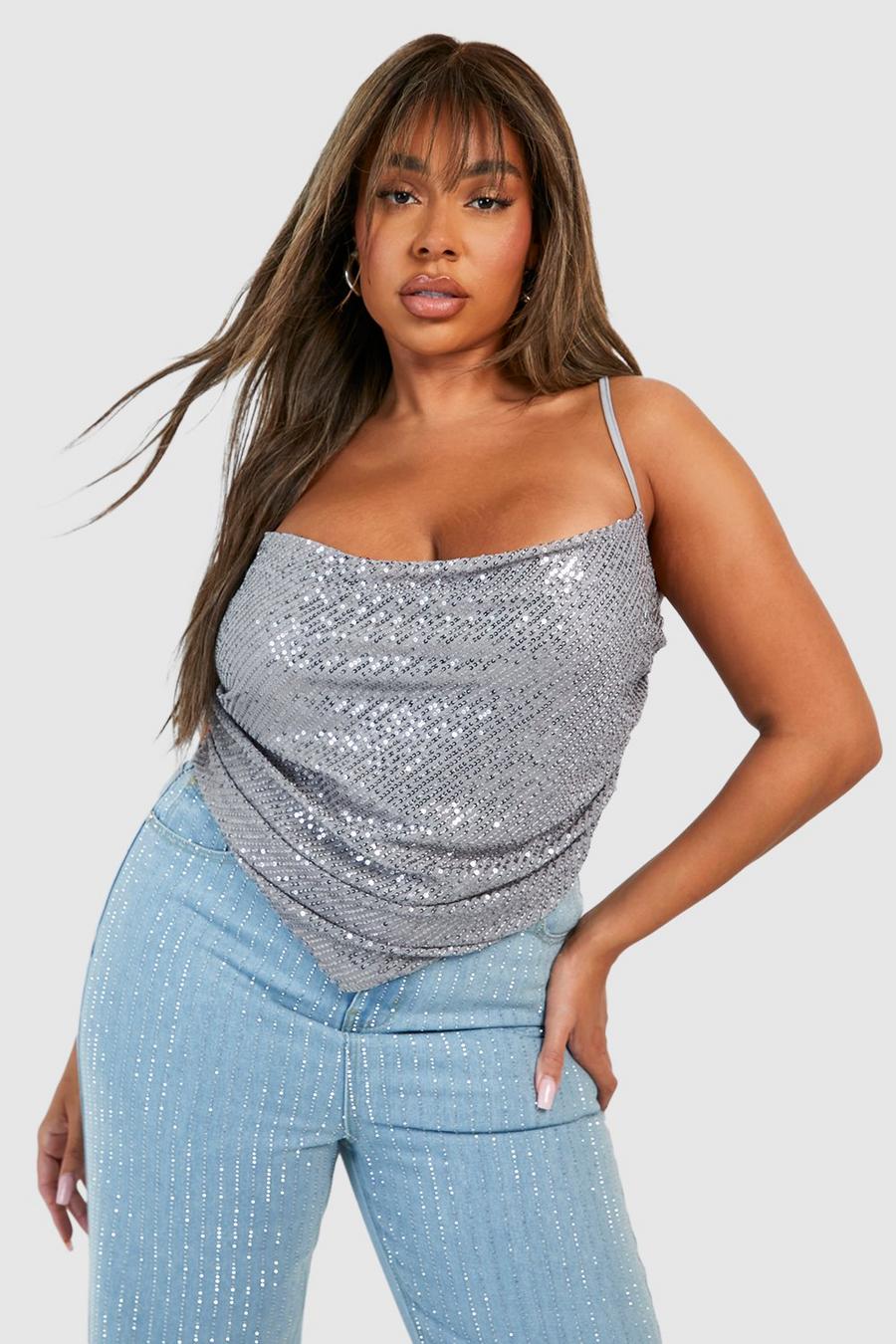 Silver Plus Sequin Cowl Neck Dipped Hem Top  image number 1