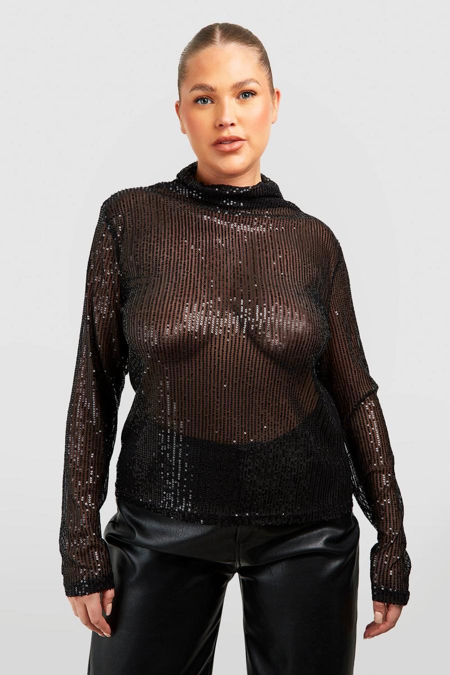 Black Plus Sequin High Neck Long Sleeve Top image number 1
