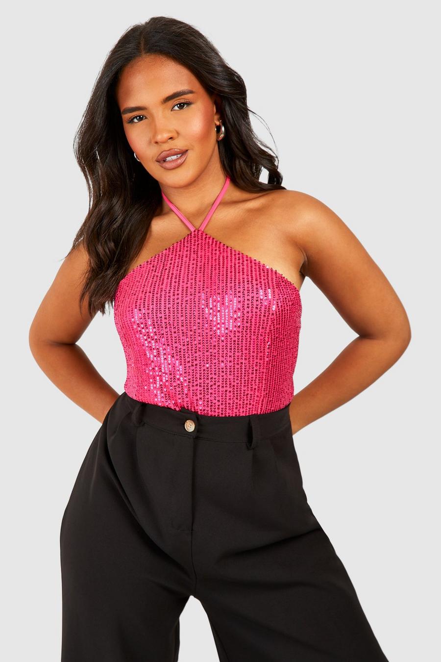 Hot pink Plus Sequin Halterneck Bodysuit 