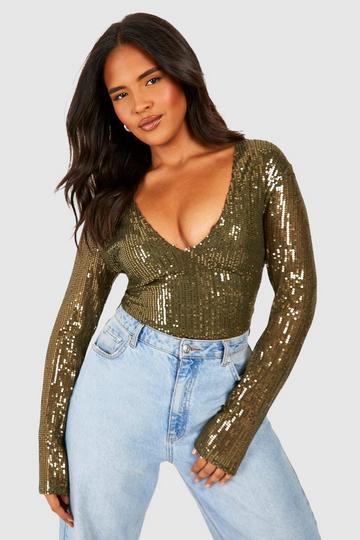 Plus Plunge Sequin Bodysuit khaki