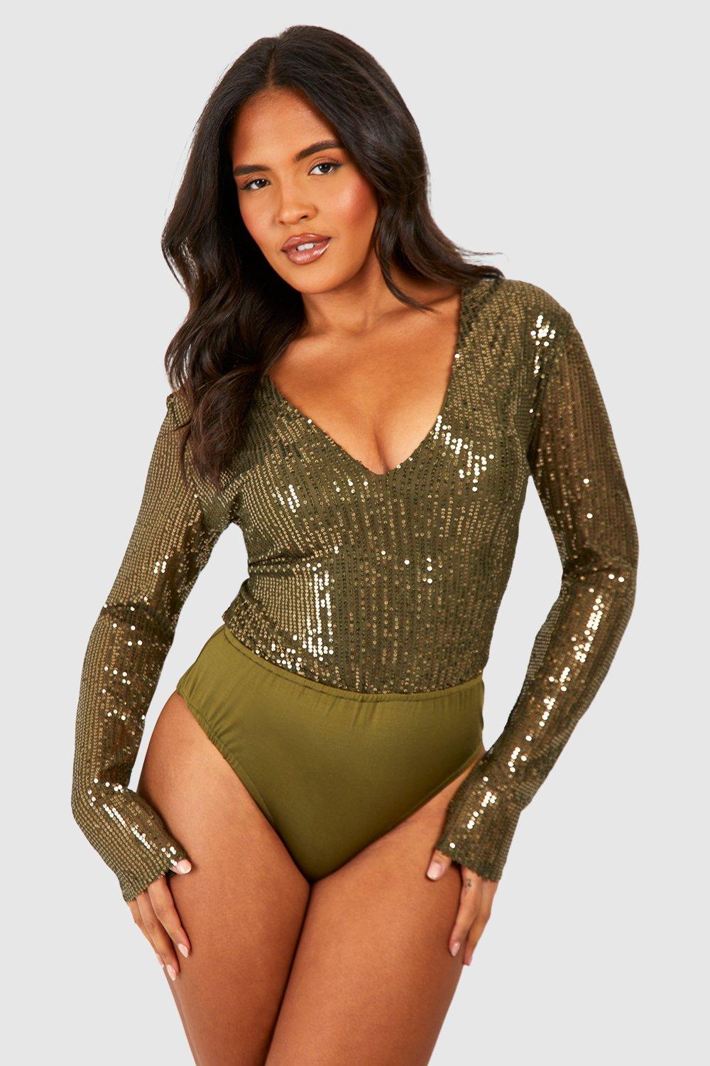 Gold Sequin Long Sleeve Wrap Bodysuit | SilkFred US
