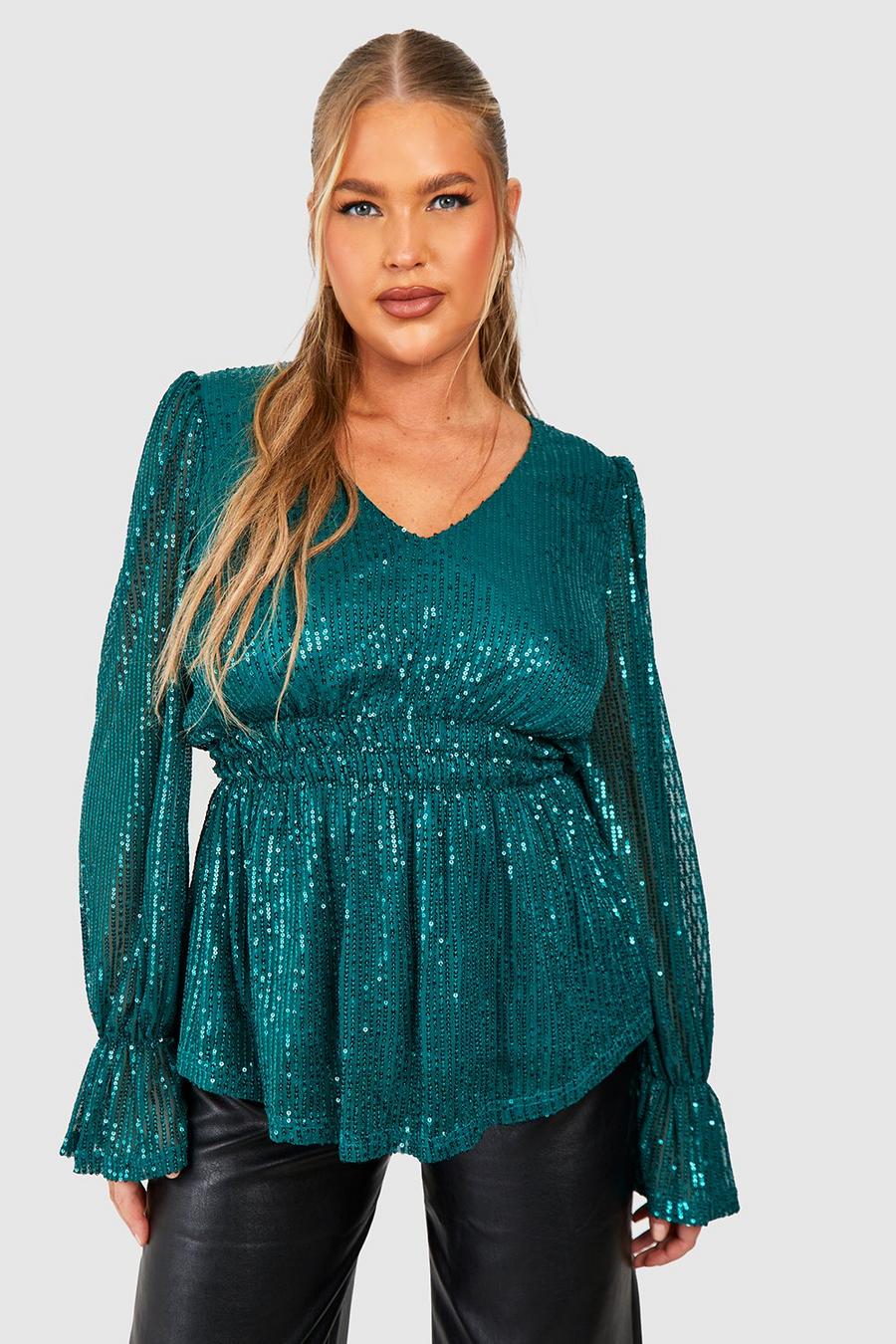 Emerald Plus Sequin Shirred Waist Smock Top image number 1