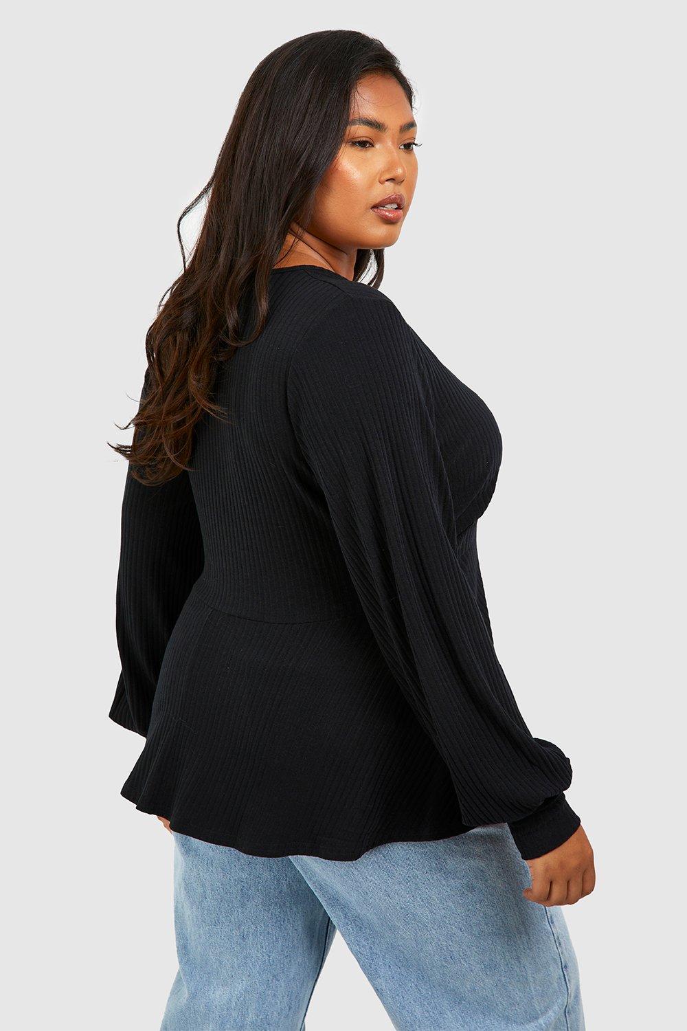 Plus Soft Rib Plunge Peplum Top boohoo