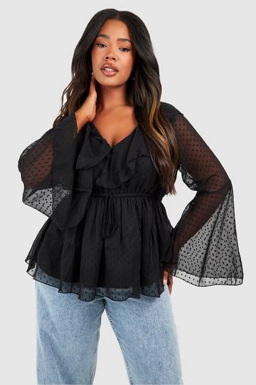 Plus Dobby Ruffle Flared Sleeve Blouse black