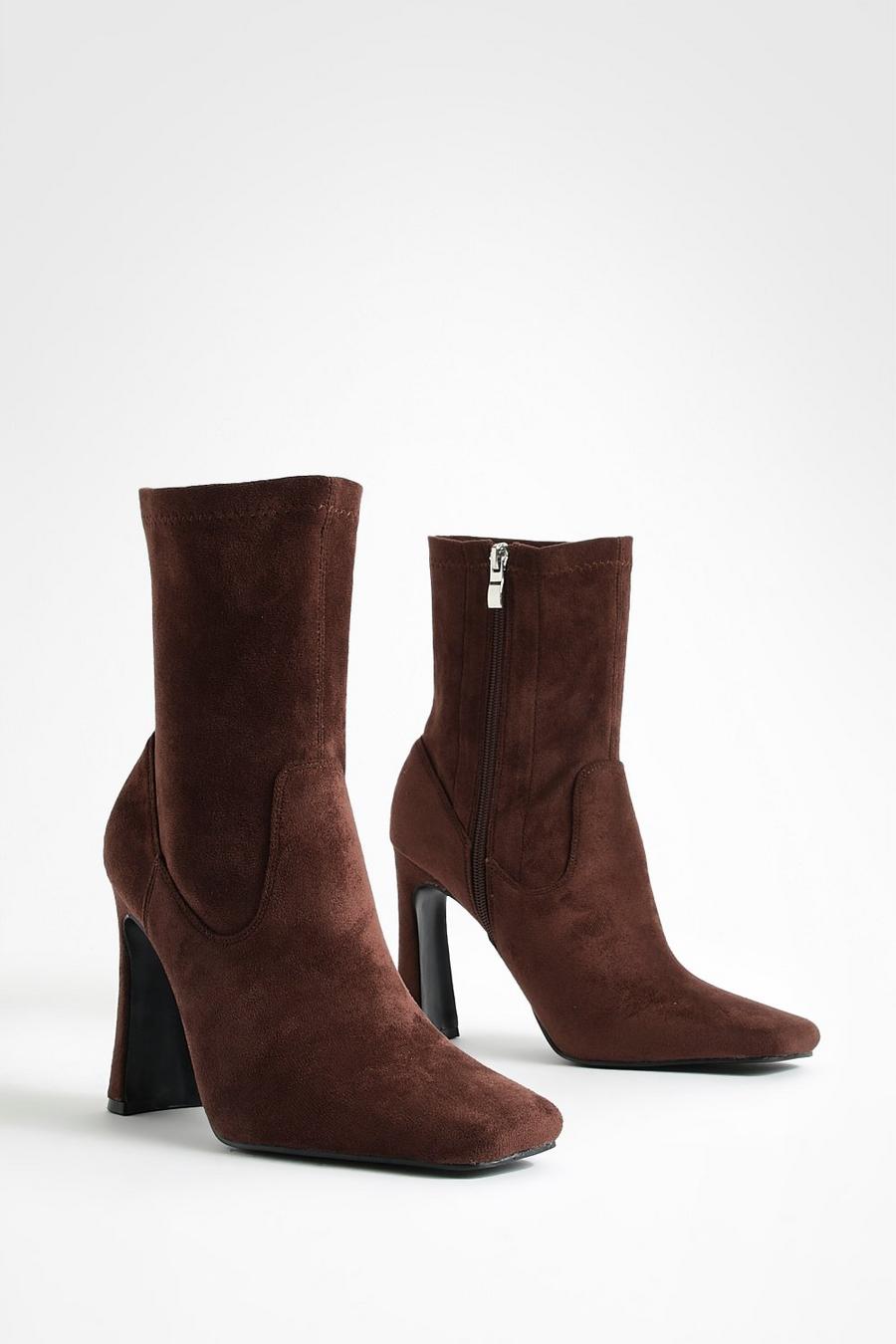 Chocolate brown Flare Heel Pointed Toe Sock Boots  