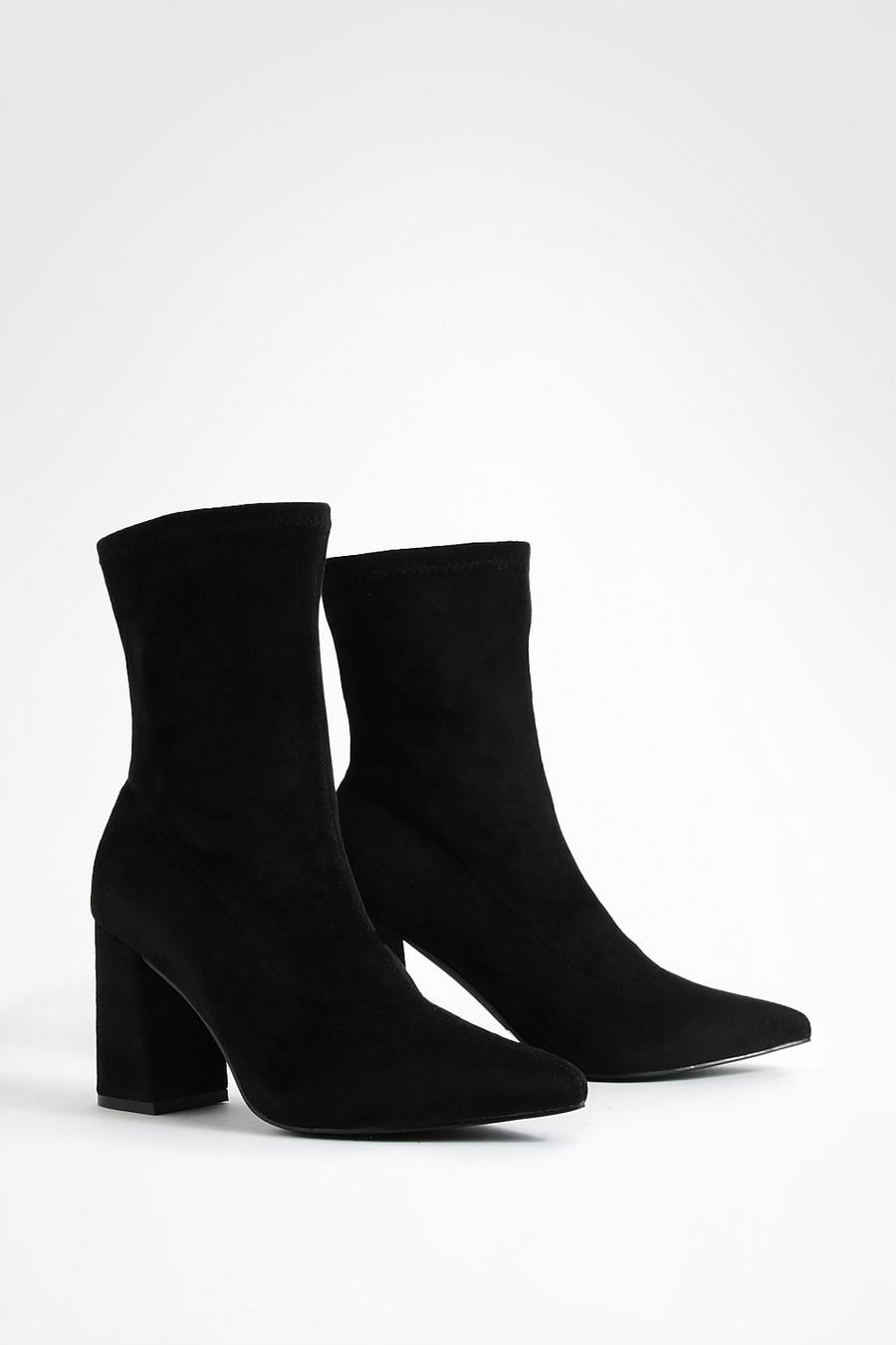 Black Block Heel Faux Suede Pointed Sock Boots  image number 1