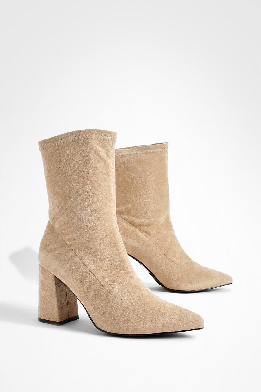 Nude Block Heel Faux Suede Pointed Sock Boots  image number 1