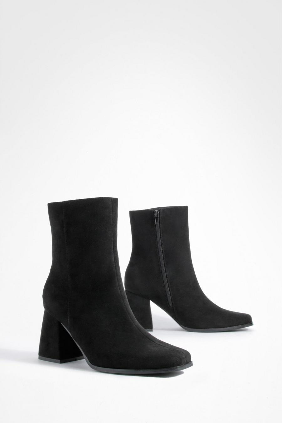 Black svart Wide Fit Faux Suede Block Heel Ankle Boots   
