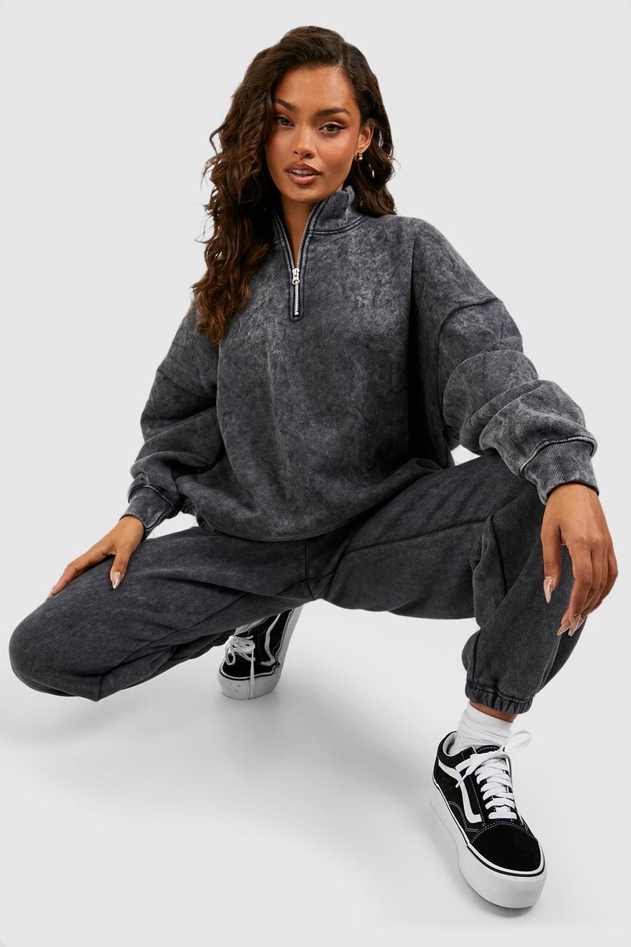 Charcoal Oversize sweatshirt med stentvättad effekt och kort dragkedja