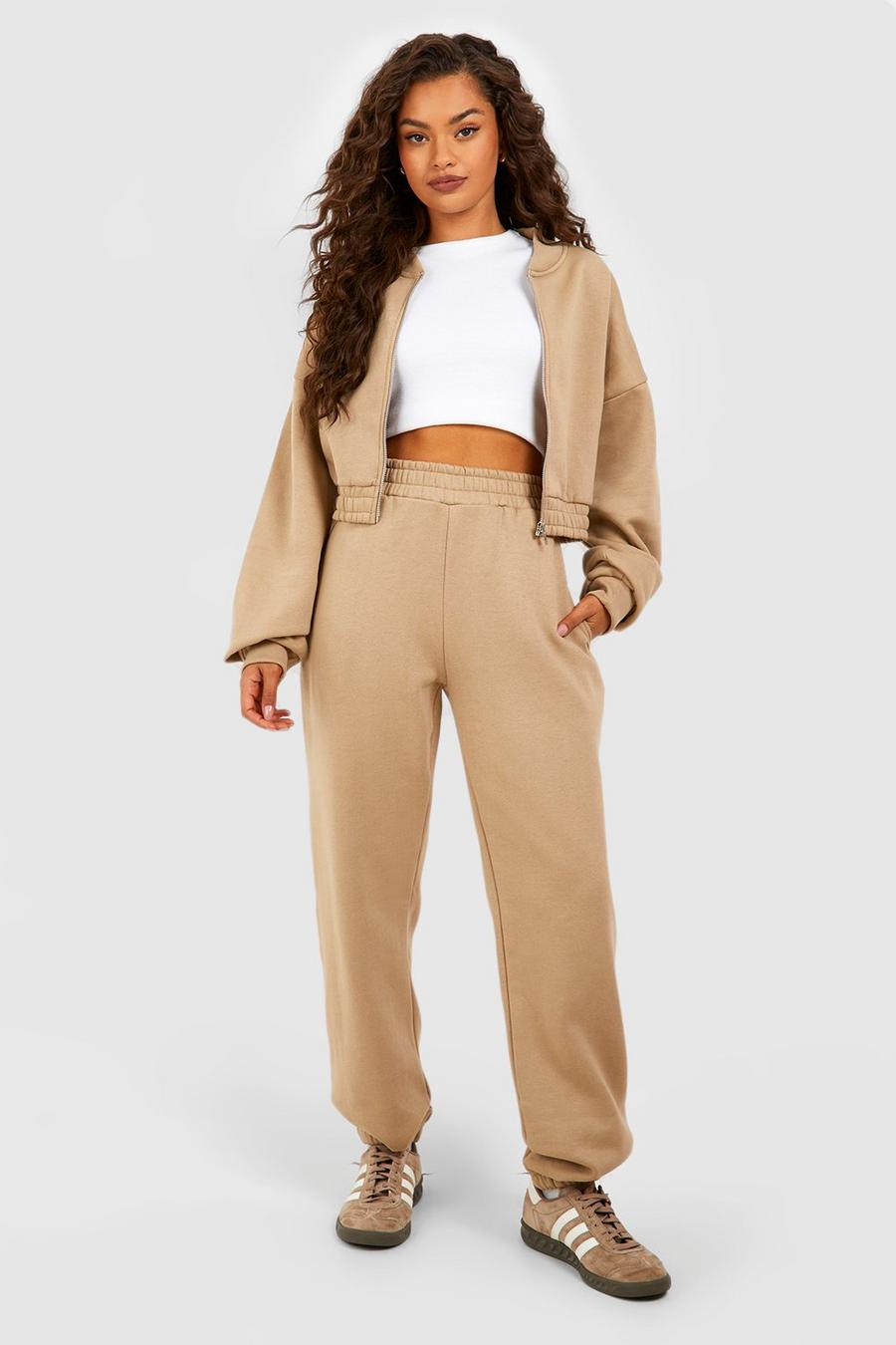 Taupe Cropped Bomber Straight Leg Jogger Tracksuit  image number 1