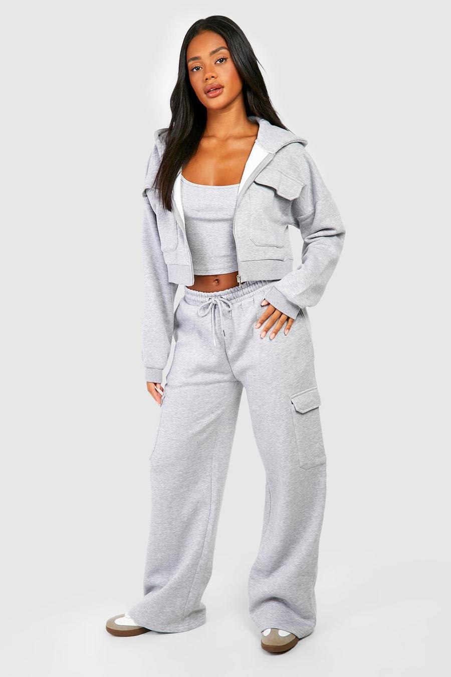 Grey marl Cargo Pocket Cropped Add hoodie Straight Leg Tracksuit image number 1