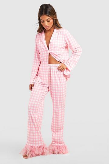 Pink Gingham Feather Hem Pajama Set
