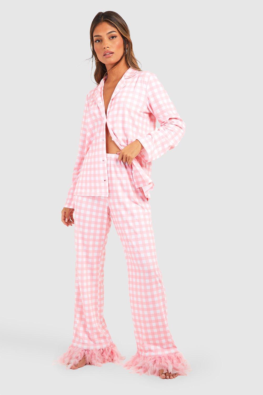 Camille Women's Fancy Pink Gingham Long Sleeved Pajama Set In