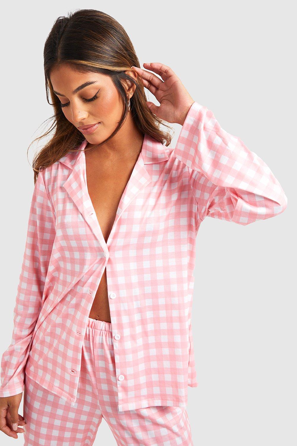 Gingham Feather Hem Pajama Set boohoo