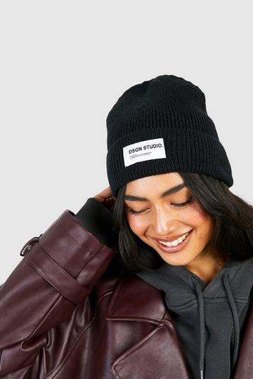 Chunky Ribbed Tab Detail Beanie black