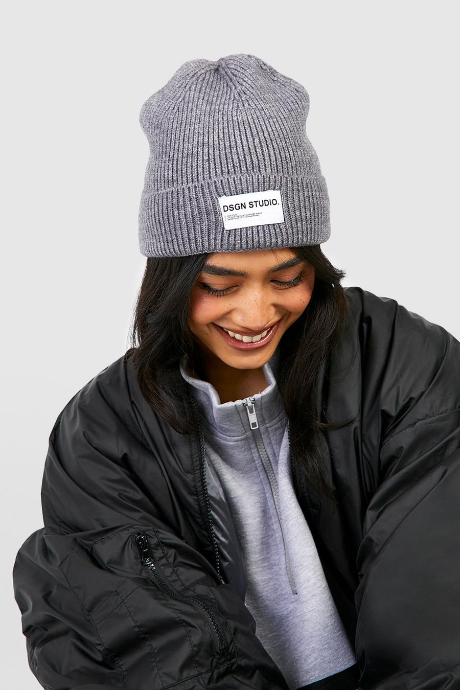 Grey Chunky Ribbed Tab Detail Beanie image number 1
