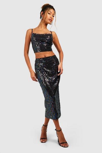 Rainbow Sequin Midi Skirt black