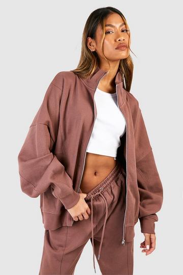 Chocolate Brown Premium Seam Detail Zip Through Sweatshirt