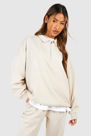 Stone Beige Premium Seam Detail Collared Oversized Sweatshirt