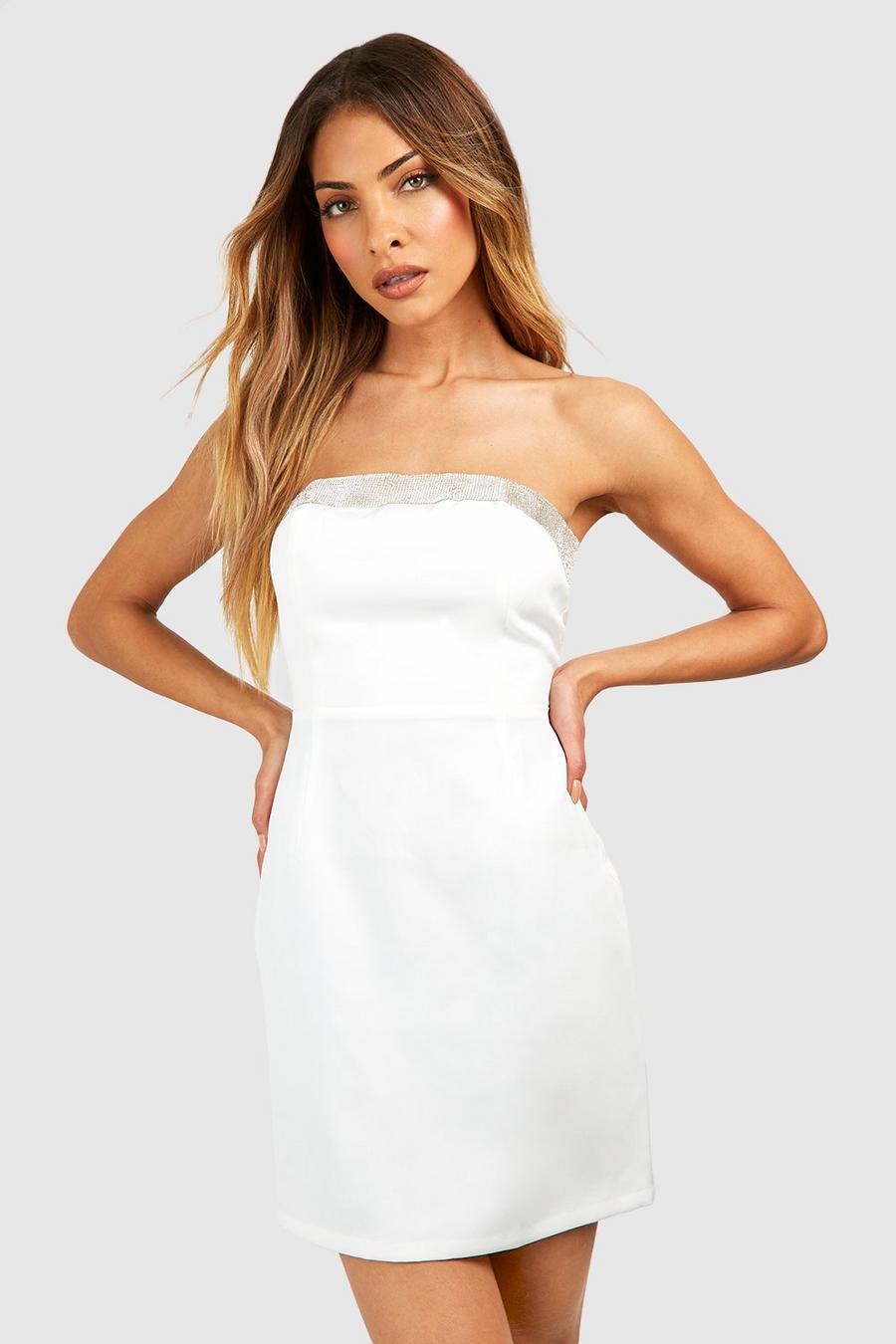 Ivory white Diamante Detail Bandeau Tailored Mini Dress