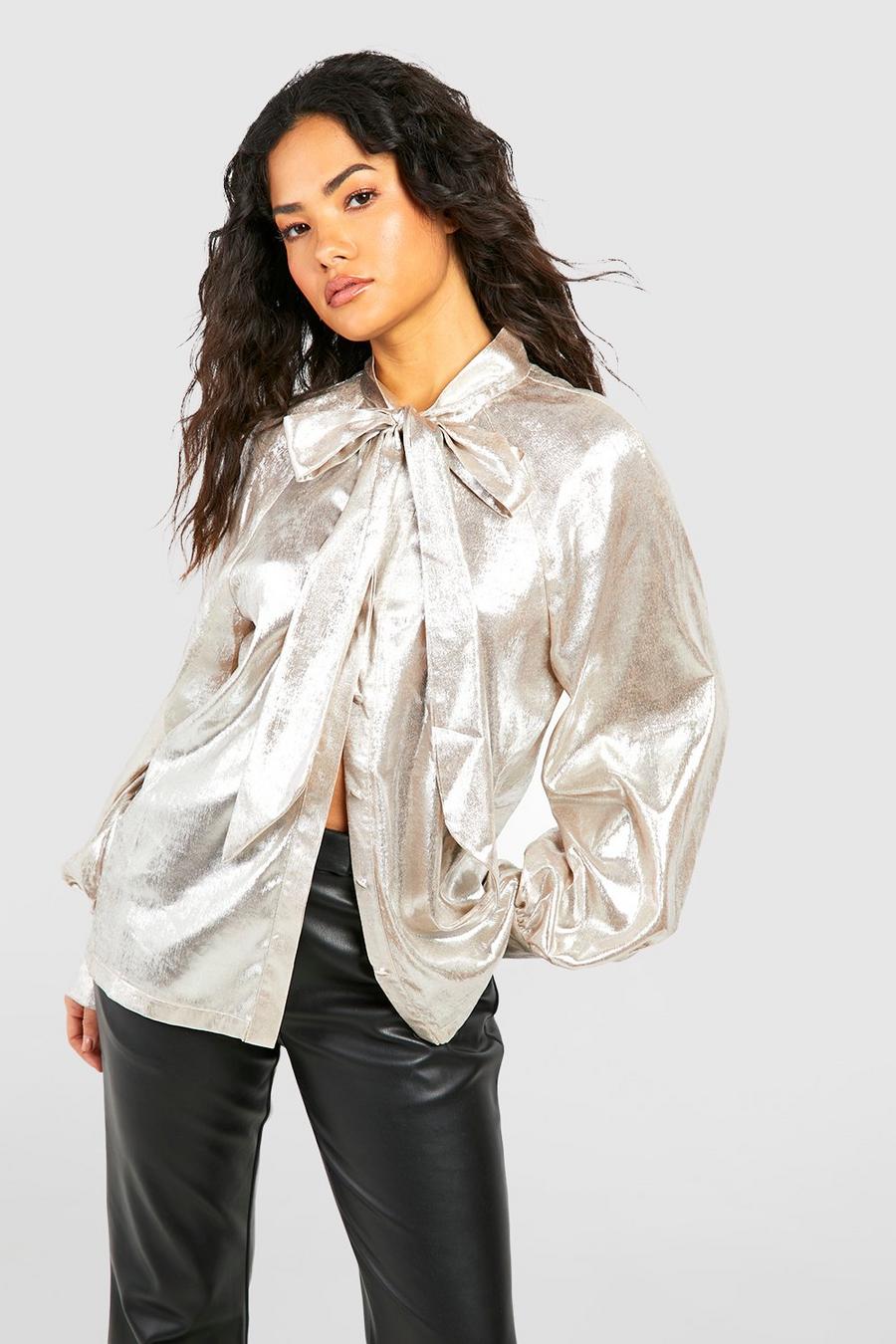 Nude Woven Metallic Blouson Sleeve Pussybow Blouse