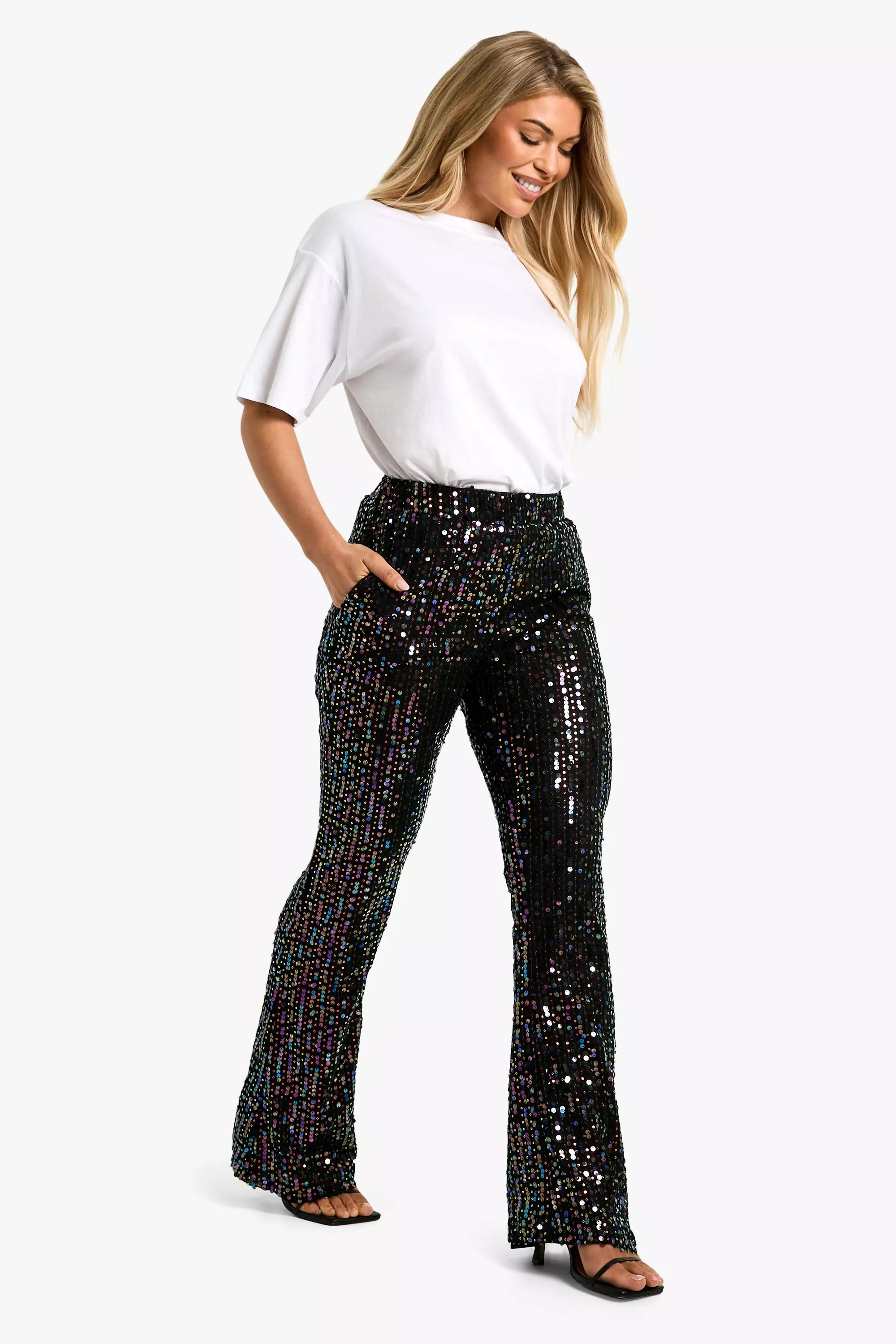 Black Rainbow Sequin Flared Trousers alternative image