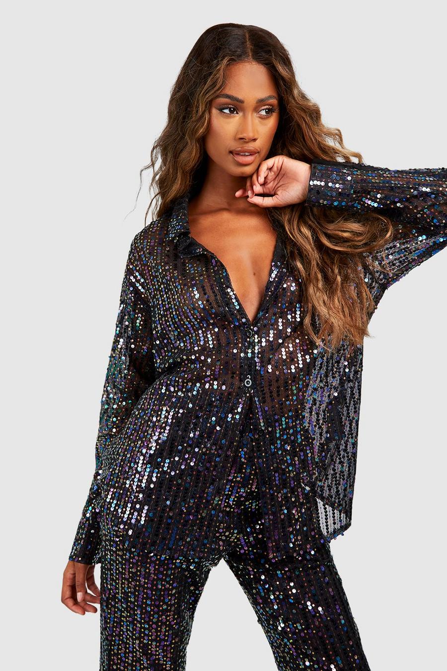 Black Rainbow Sequin Relaxed Fit Shirt image number 1