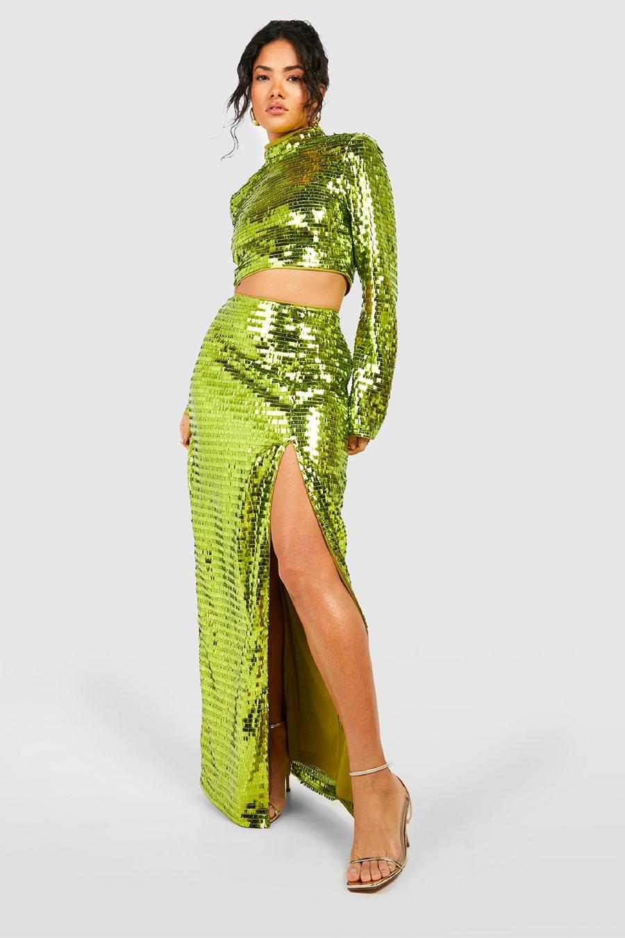 Chartreuse Notch Sequin Thigh Split Maxi Skirt image number 1