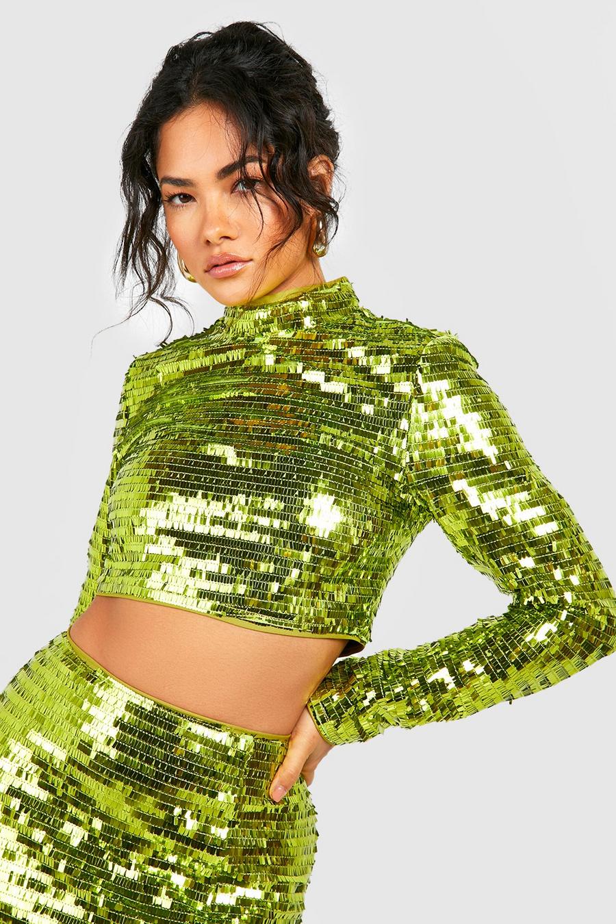 Chartreuse Notch Sequin High Neck Crop image number 1