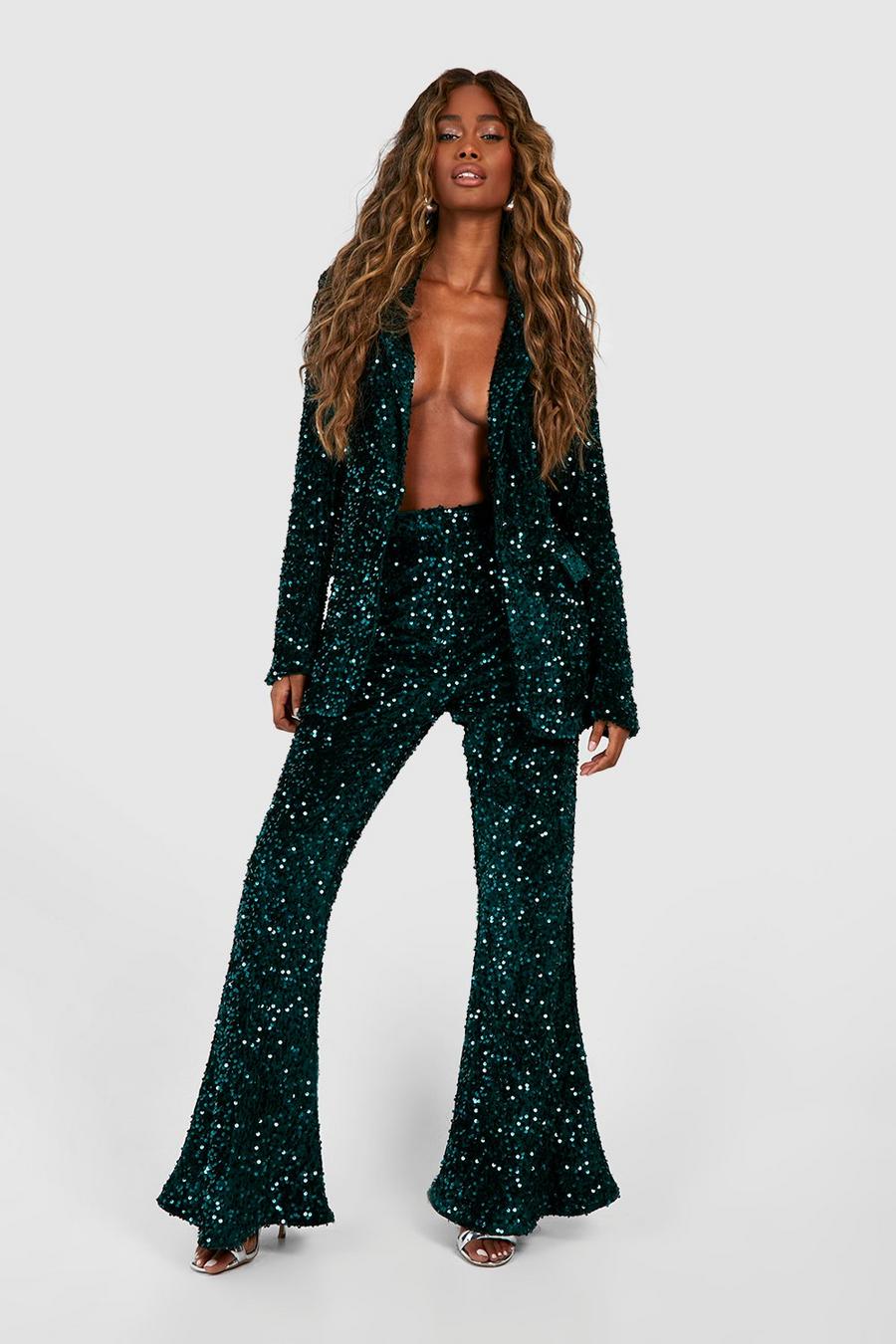 Emerald Velvet Sequin Fit & Flare Tailored Pants image number 1