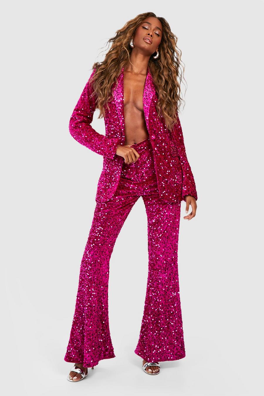 Hot pink Velvet Sequin Fit & Flare Dress Pants image number 1