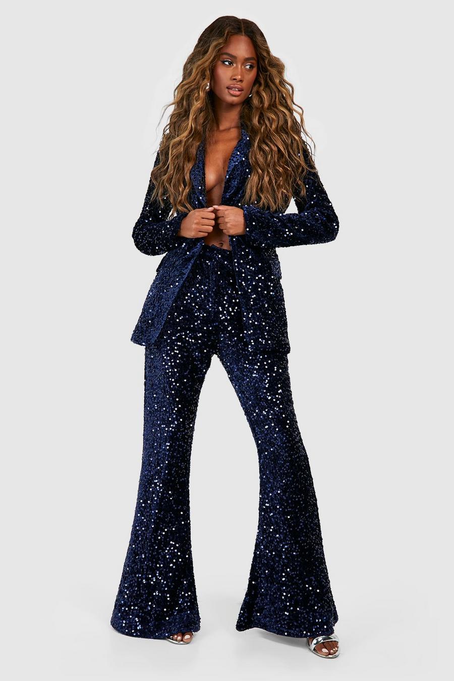 Pantaloni sartoriali Fit & Flare in velluto con paillettes, Midnight image number 1
