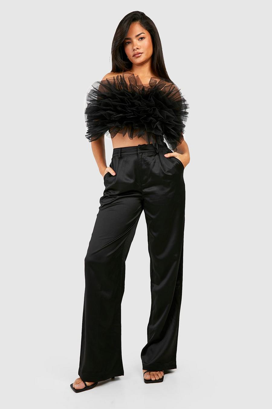 Black Matte Satin Wide Leg Tailored Trousers