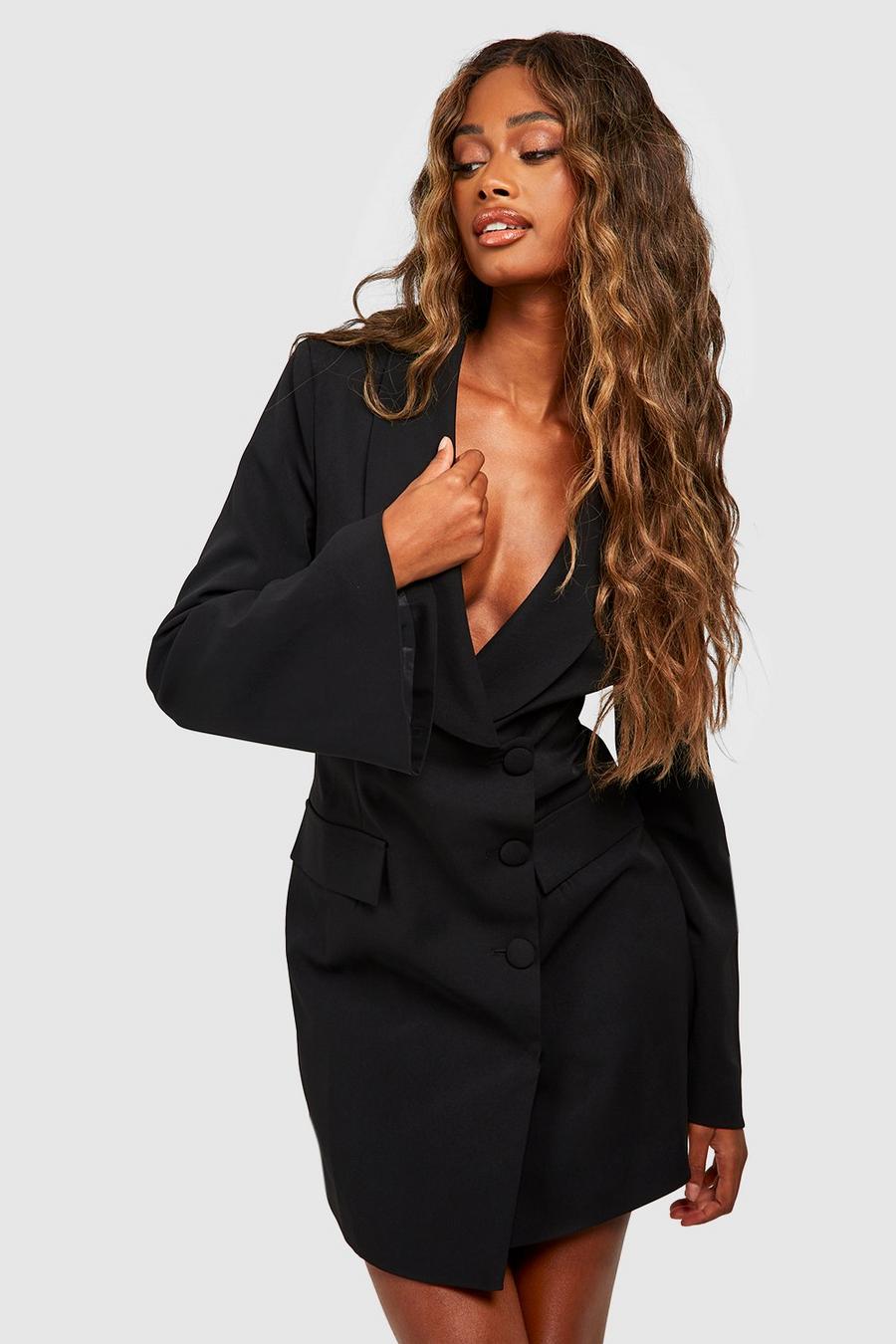 Black Flared Sleeve Wrap Front Tailored Blazer Dress image number 1