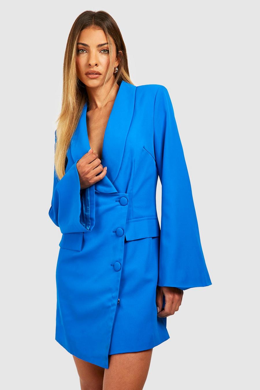 Cobalt blue Flared Sleeve Wrap Front Tailored Blazer Dress